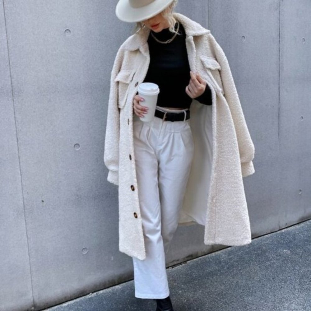 Casual Button down Drop Shoulder Flap Pocket Fleec